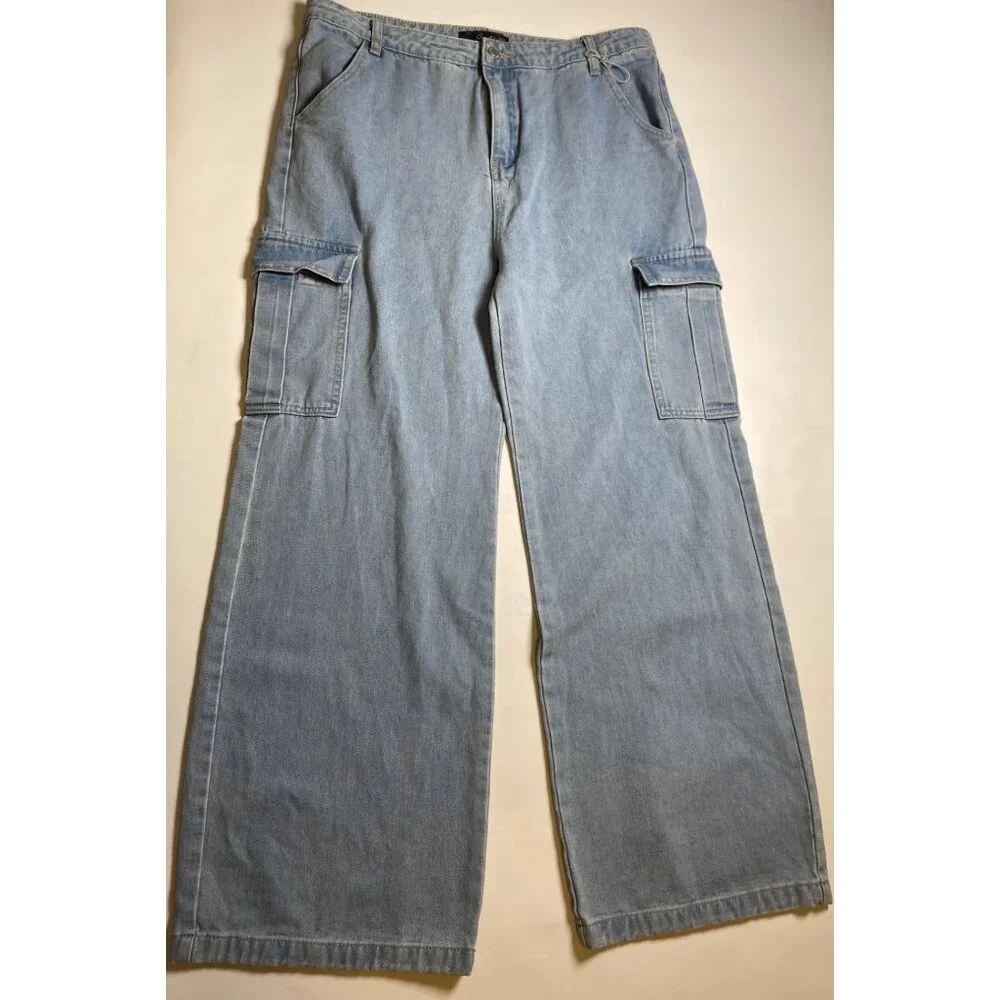 Cali 1850 High Rise Straight Leg Cargo Jeans W/ Pockets‎ Light Wash Denim, 13